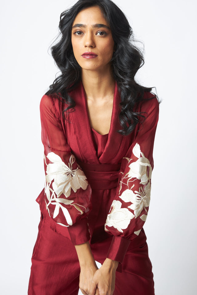 Burgandy Reva - Blazer Wrap Top & Wide-Leg Pant - Two-Piece Set - Mizyana