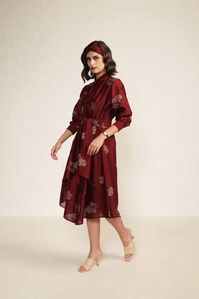 Burgundy Printed Tie Up Dress with Embroidery - Dress - Mizyana