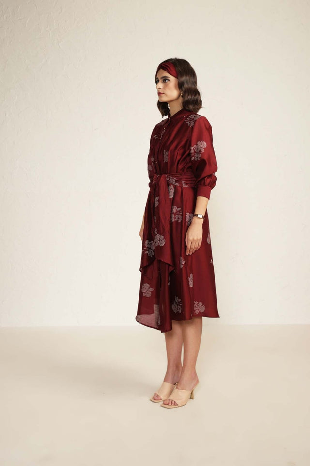 Burgundy Printed Tie Up Dress with Embroidery - Dress - Mizyana