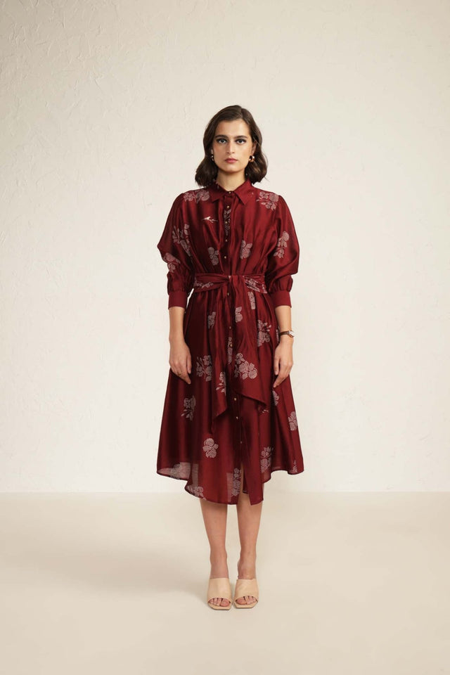Burgundy Printed Tie Up Dress with Embroidery - Dress - Mizyana