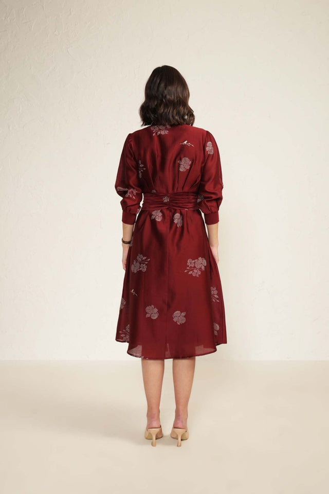 Burgundy Printed Tie Up Dress with Embroidery - Dress - Mizyana