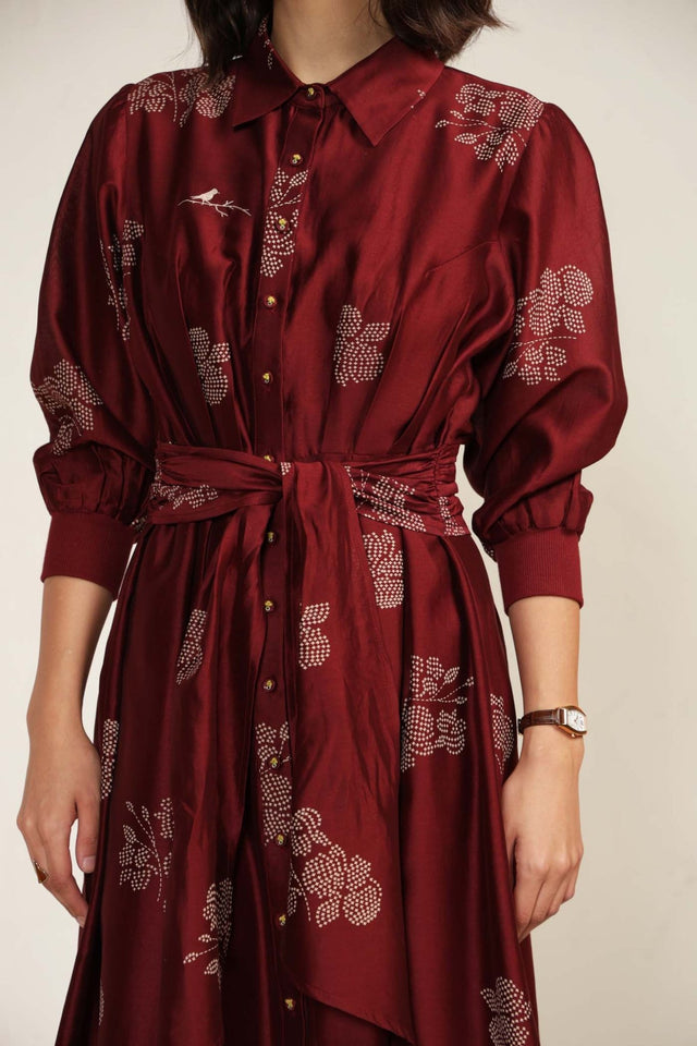 Burgundy Printed Tie Up Dress with Embroidery - Dress - Mizyana