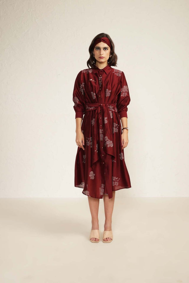 Burgundy Printed Tie Up Dress with Embroidery - Dress - Mizyana