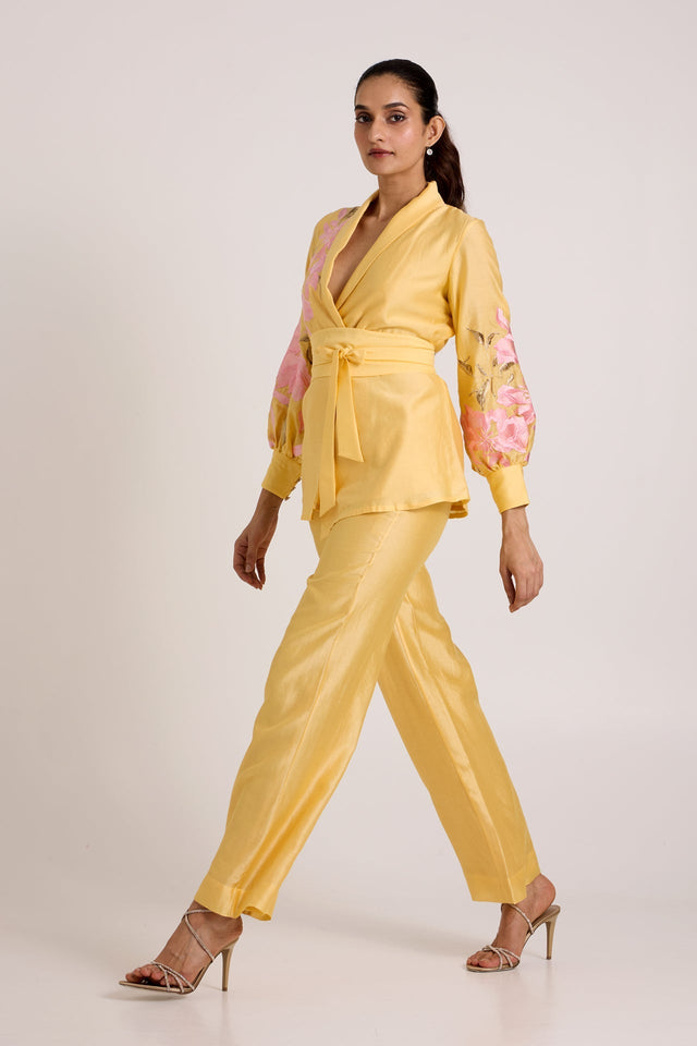 Butter Yellow Alfie - Obi Belt Blazer Set - Two-Piece Set - Mizyana