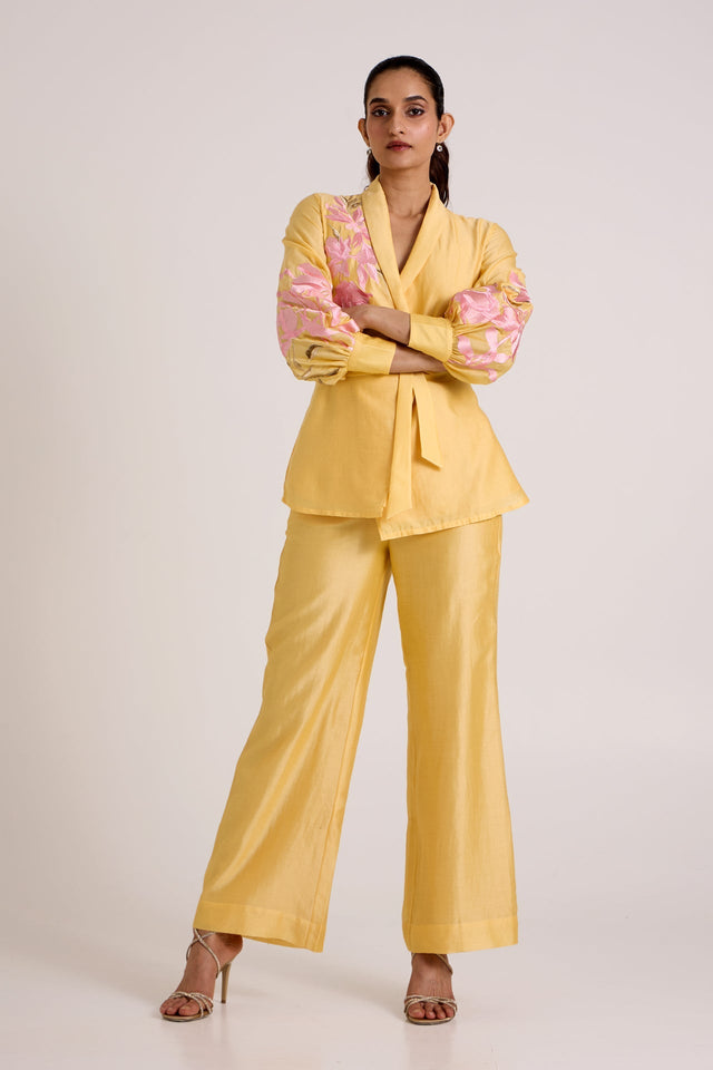 Butter Yellow Alfie - Obi Belt Blazer Set - Two-Piece Set - Mizyana