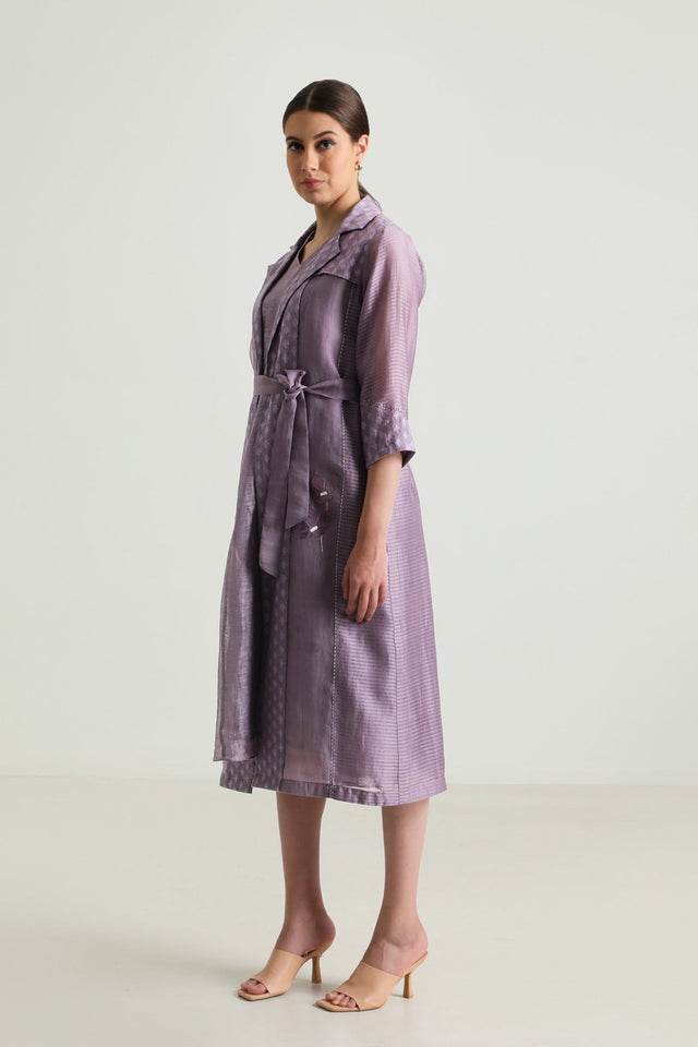Carnation Embroided Organza Jacket with Plain Silk Chanderi Dress - Dress - Mizyana