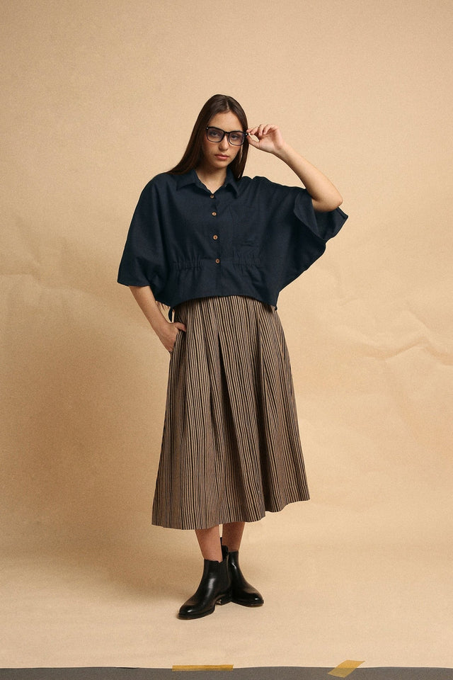 Charcoal Collar Crop Top & Brown Box Pleated Skirt Set (2 PCS) - Two-Piece Set - Mizyana