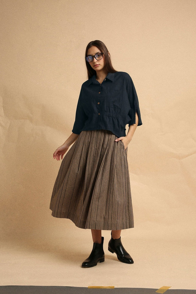 Charcoal Collar Crop Top & Brown Box Pleated Skirt Set (2 PCS) - Two-Piece Set - Mizyana