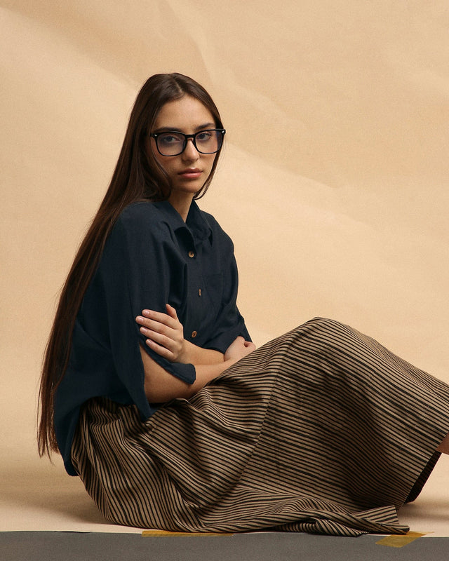 Charcoal Collar Crop Top & Brown Box Pleated Skirt Set (2 PCS) - Two-Piece Set - Mizyana