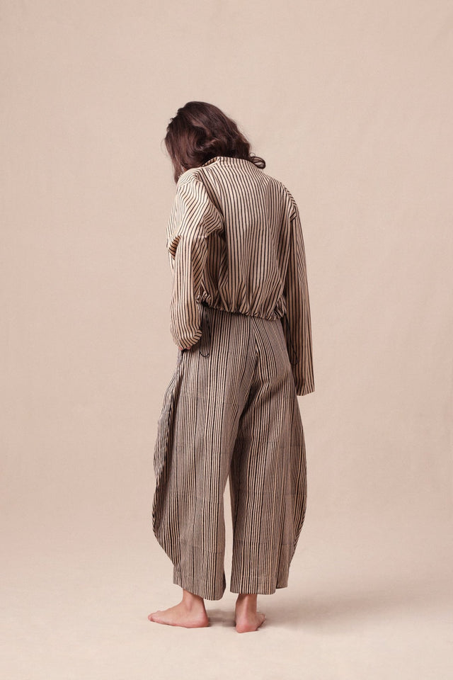 Charcoal Striped Bodysuit Barrel Pants and Crop Jacket Co-Ord Set (3 PCS) - Three-Piece Set - Mizyana