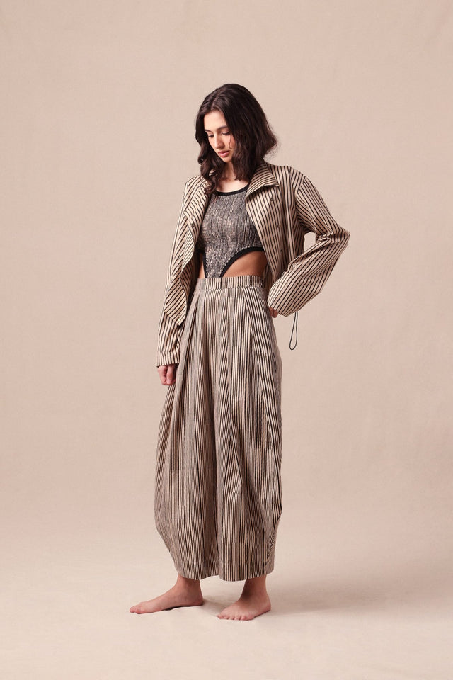 Charcoal Striped Bodysuit Barrel Pants and Crop Jacket Co-Ord Set (3 PCS) - Three-Piece Set - Mizyana