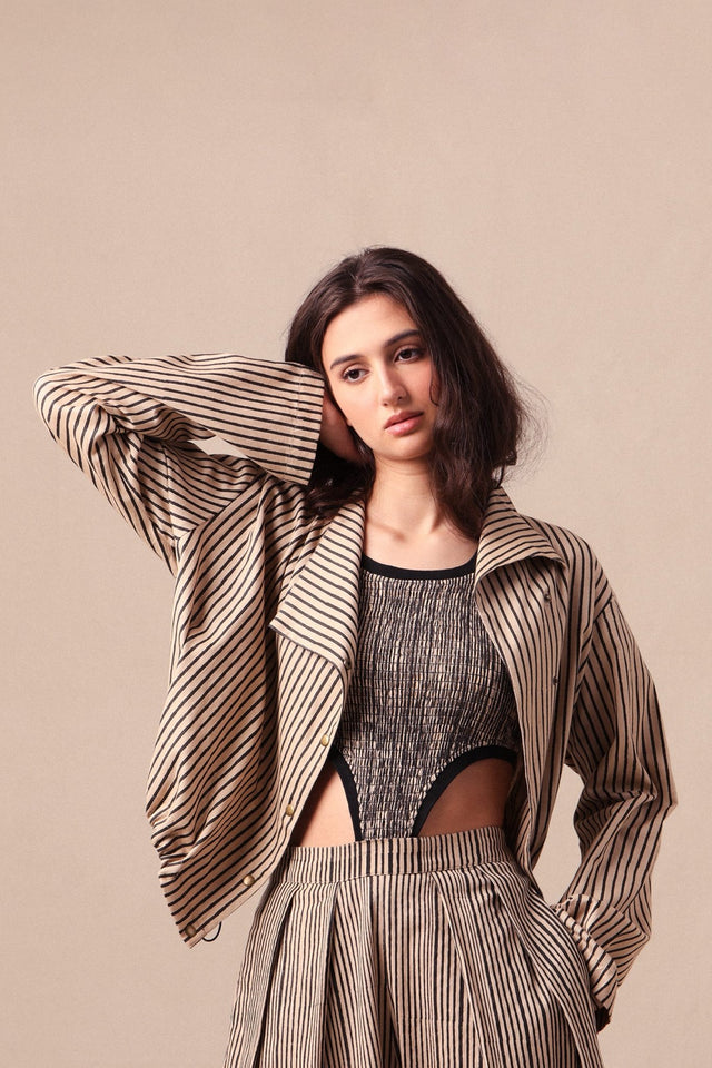 Charcoal Striped Bodysuit Barrel Pants and Crop Jacket Co-Ord Set (3 PCS) - Three-Piece Set - Mizyana