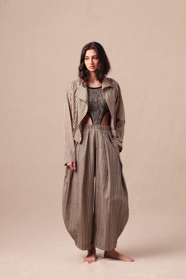 Charcoal Striped Bodysuit Barrel Pants and Crop Jacket Co-Ord Set (3 PCS) - Three-Piece Set - Mizyana