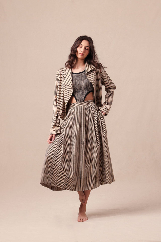Charcoal Striped Bodysuit Box Pleated Skirt and Crop Jacket Co-Ord Set (3 PCS) - Three-Piece Set - Mizyana