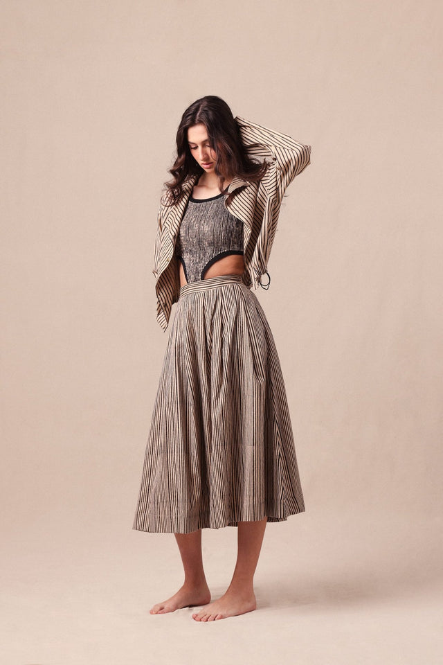 Charcoal Striped Bodysuit Box Pleated Skirt and Crop Jacket Co-Ord Set (3 PCS) - Three-Piece Set - Mizyana