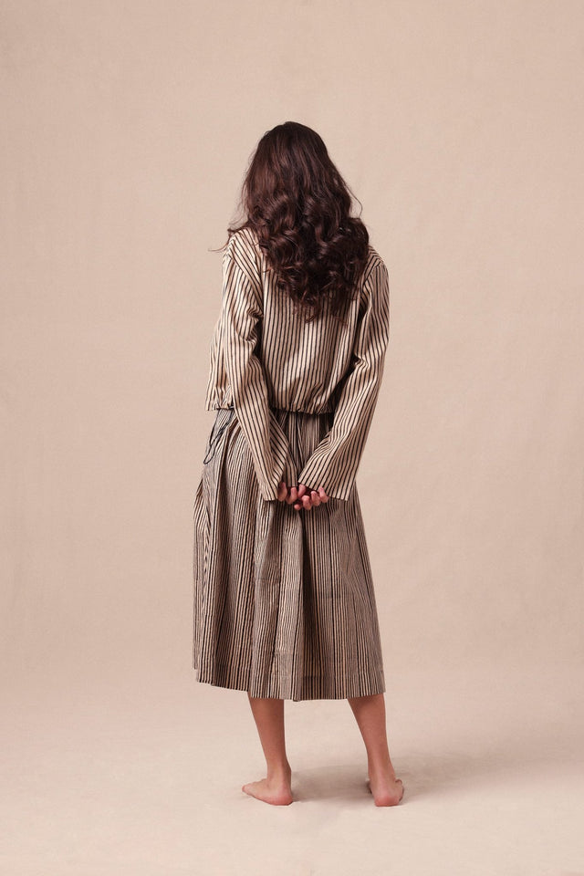 Charcoal Striped Bodysuit Box Pleated Skirt and Crop Jacket Co-Ord Set (3 PCS) - Three-Piece Set - Mizyana