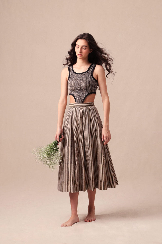Charcoal Striped Bodysuit & Box Pleated Skirt Co-Ord Set (2 PCS) - Co-ord Set - Mizyana