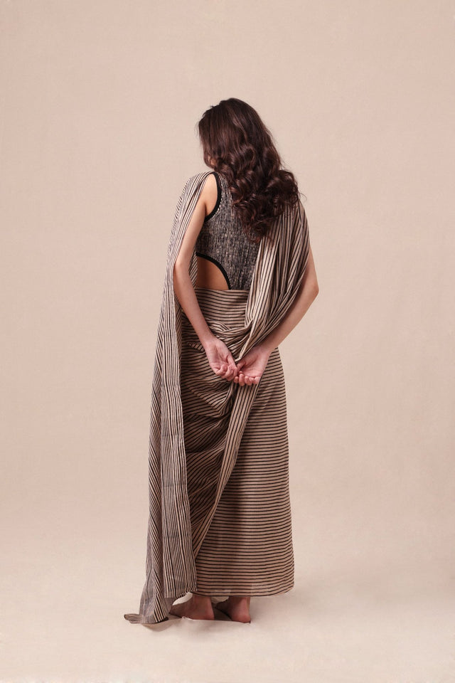Charcoal Striped Bodysuit & Drawstring Mul Saree Set (2 PCS) - Two-Piece Set - Mizyana