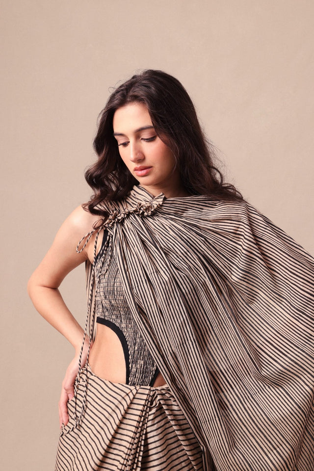 Charcoal Striped Bodysuit & Drawstring Mul Saree Set (2 PCS) - Two-Piece Set - Mizyana