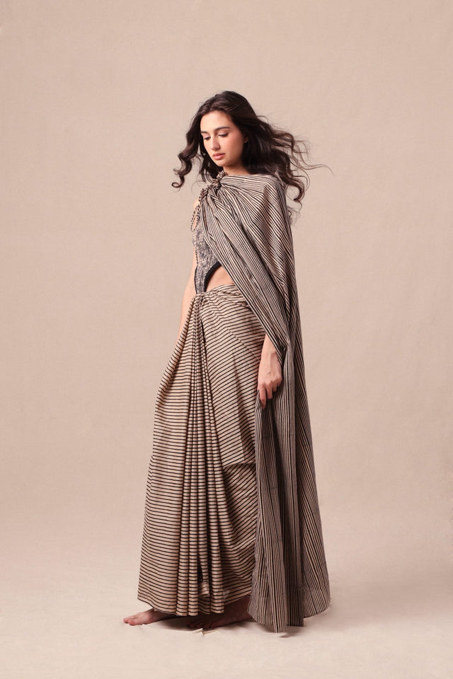 Charcoal Striped Bodysuit & Drawstring Mul Saree Set (2 PCS) - Two-Piece Set - Mizyana