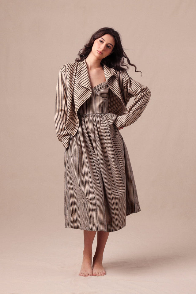 Charcoal Striped Corset Dress & Crop Jacket Set (2 PCS) - Two-Piece Set - Mizyana
