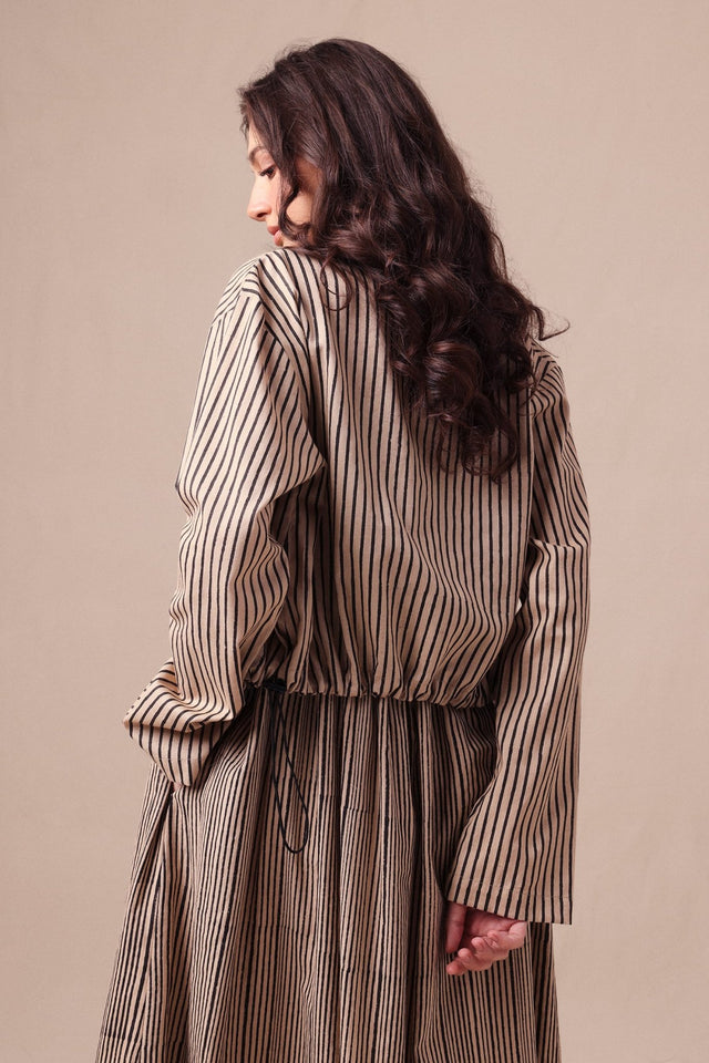 Charcoal Striped Corset Dress & Crop Jacket Set (2 PCS) - Two-Piece Set - Mizyana