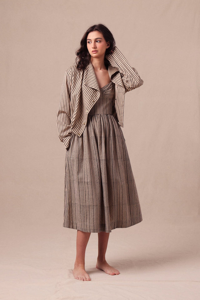 Charcoal Striped Corset Dress & Crop Jacket Set (2 PCS) - Two-Piece Set - Mizyana
