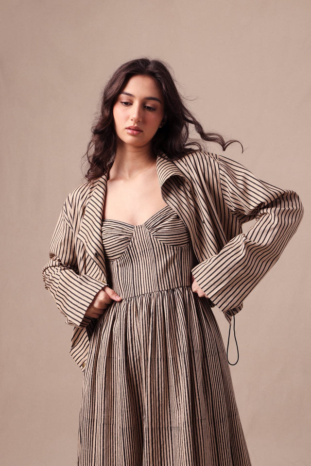 Charcoal Striped Corset Dress & Crop Jacket Set (2 PCS) - Two-Piece Set - Mizyana