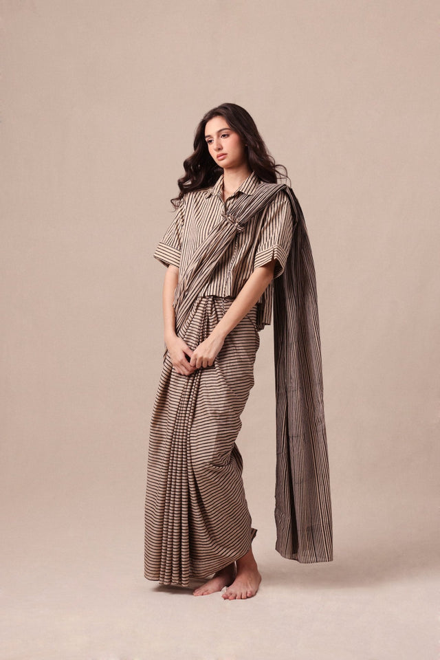 Charcoal Striped Ekin Shirt & Drawstring Mul Saree Set (2 PCS) - Two-Piece Set - Mizyana