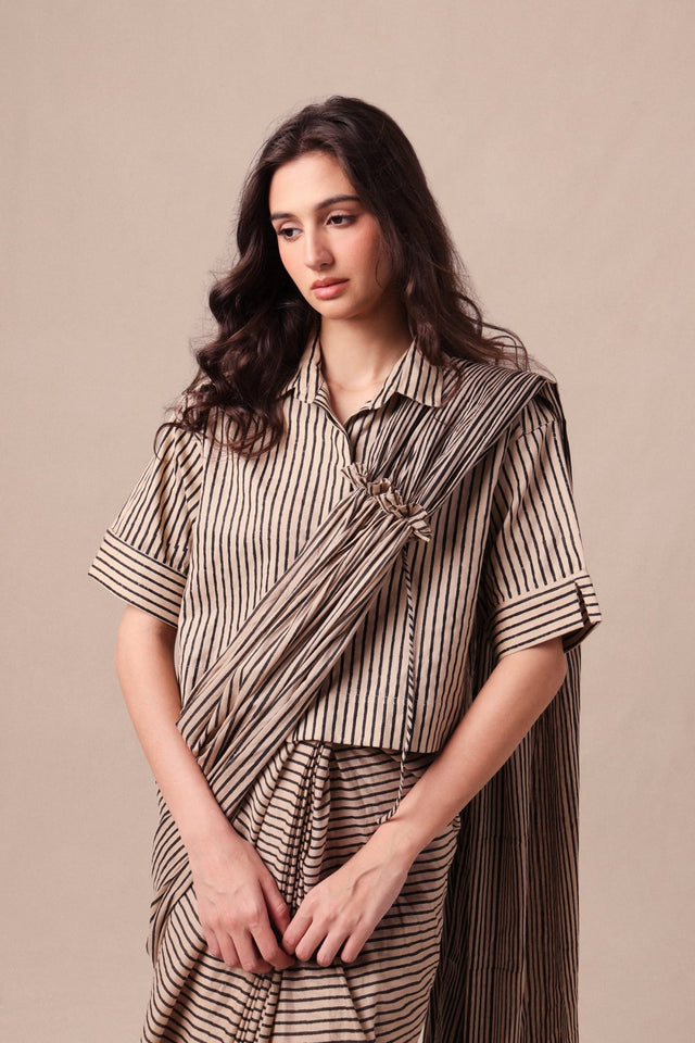Charcoal Striped Ekin Shirt & Drawstring Mul Saree Set (2 PCS) - Two-Piece Set - Mizyana