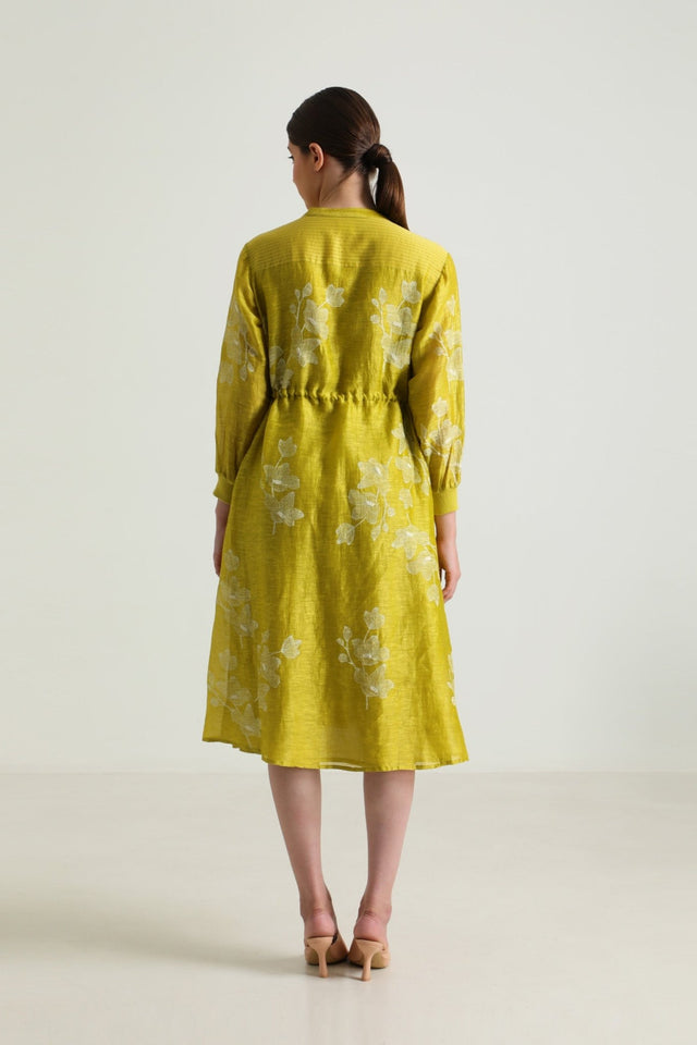 Chartruese Dress with Carnation Print In Silk Chanderi - Dress - Mizyana