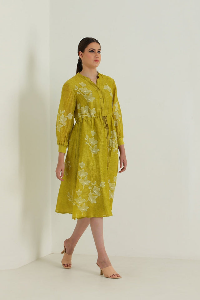 Chartruese Dress with Carnation Print In Silk Chanderi - Dress - Mizyana