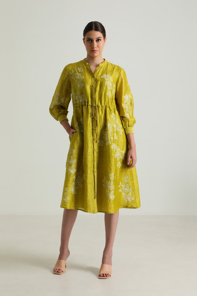 Chartruese Dress with Carnation Print In Silk Chanderi - Dress - Mizyana