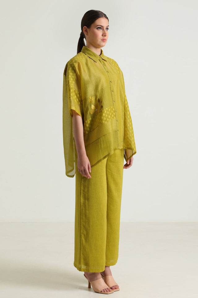 Chartruese Lace Shirt with Linen Wide leg Pants - Two-Piece Set - Mizyana