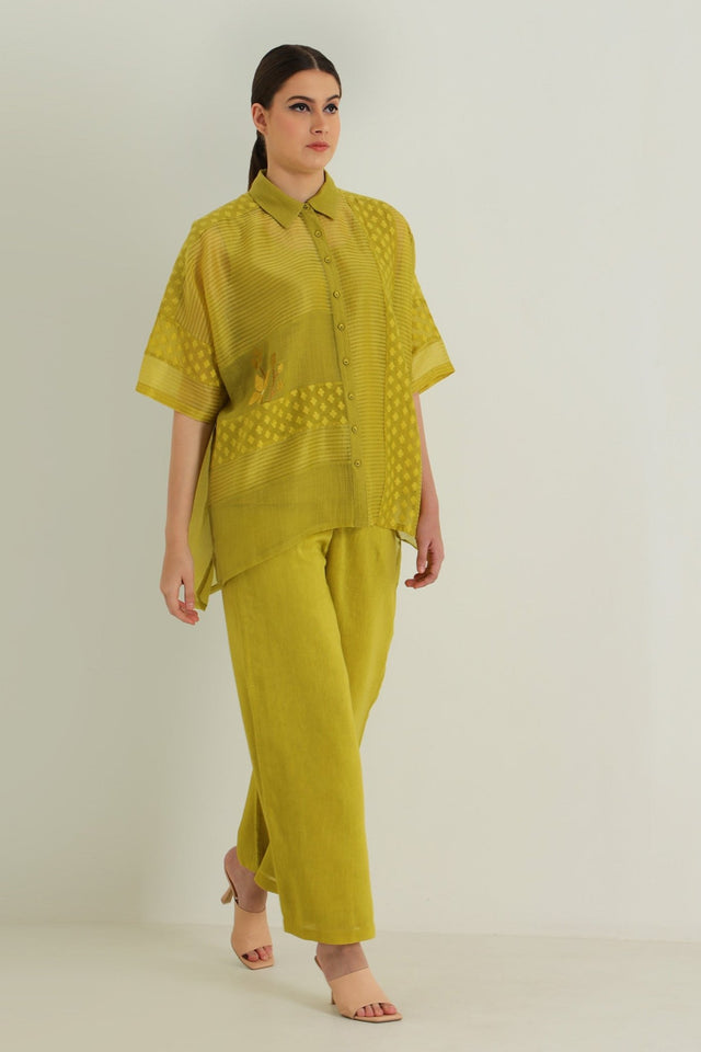 Chartruese Lace Shirt with Linen Wide leg Pants - Two-Piece Set - Mizyana