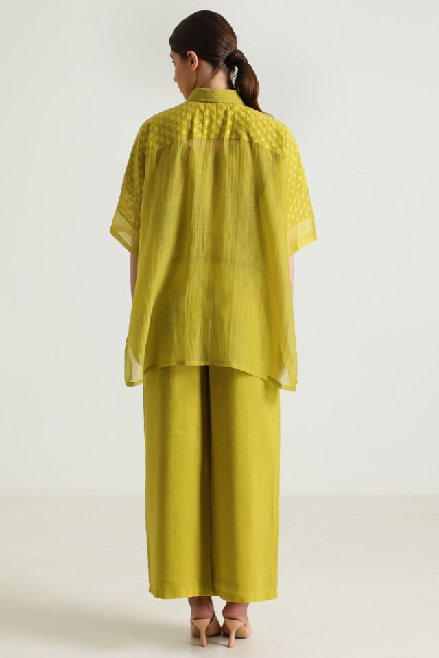 Chartruese Lace Shirt with Linen Wide leg Pants - Two-Piece Set - Mizyana