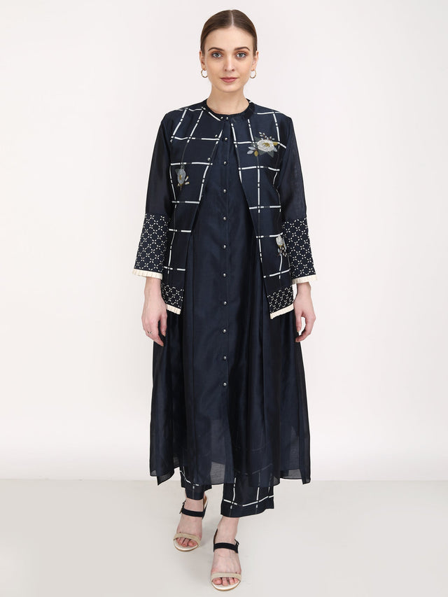 Checks & Roses Short Jacket + Tunic + Pants - Three-Piece Set - Mizyana
