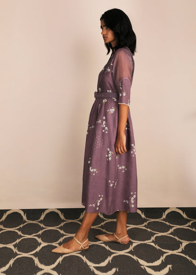 Cherry Blossom Lavender Dress With Belt - Dress - Mizyana