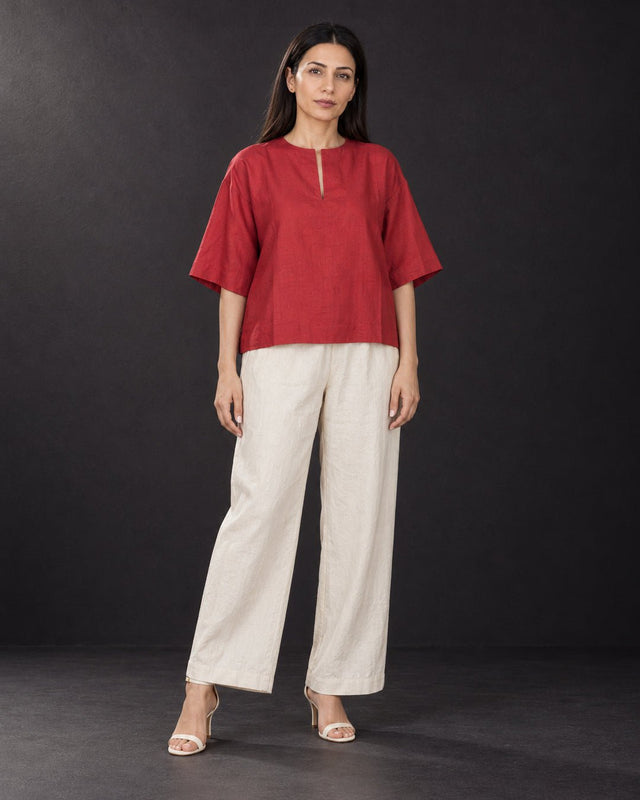Claret Chili Red Keyhole Handwoven Mulberry Silk Blouse - Blouse - Mizyana