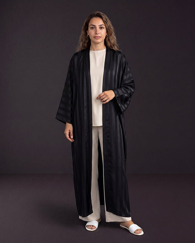 Classic Striped Satin Open Abaya - Abaya - Mizyana