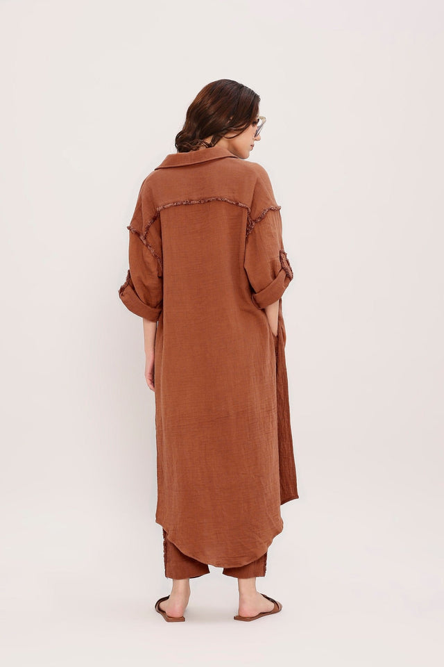 Coco Brown Fringed Long Shirt - Shirt - Mizyana