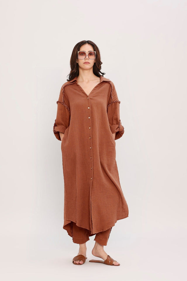 Coco Brown Fringed Long Shirt - Shirt - Mizyana