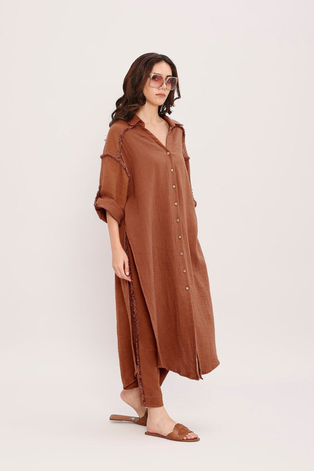 Coco Brown Fringed Long Shirt - Shirt - Mizyana