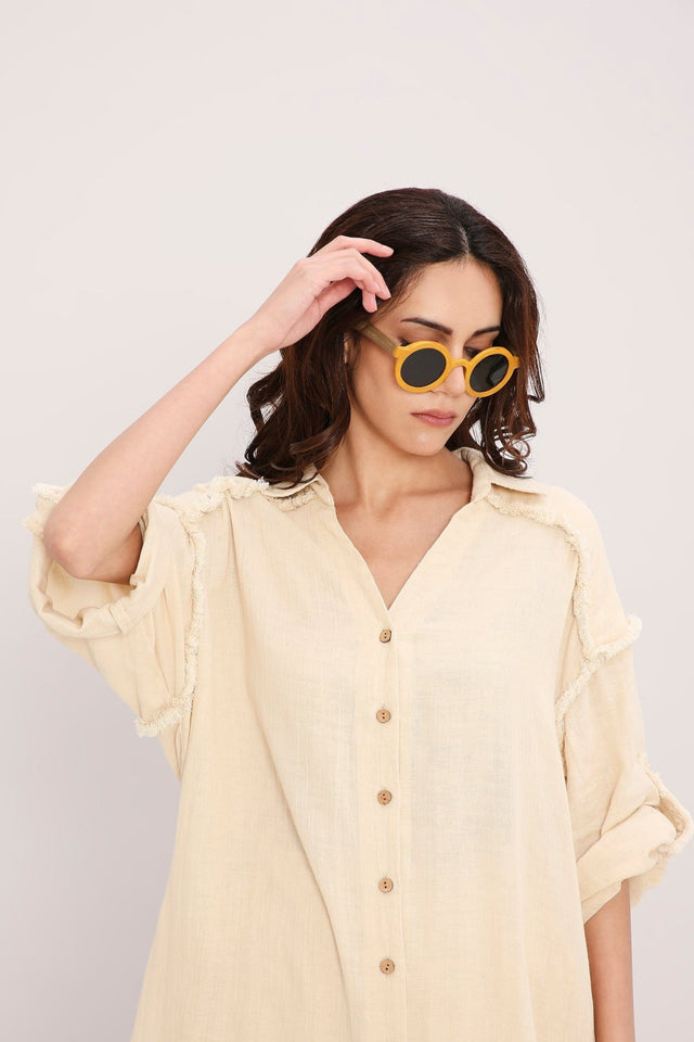 Coco Cream Fringed Long Shirt - Shirt - Mizyana
