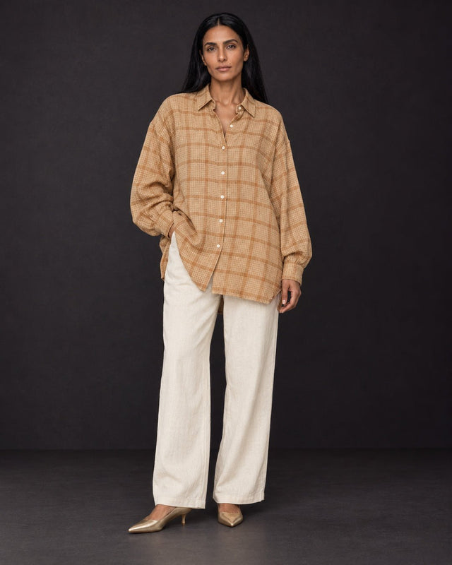 Confluence Tea-Dyed Checked Oversized Handwoven Cotton Shirt - Shirt - Mizyana