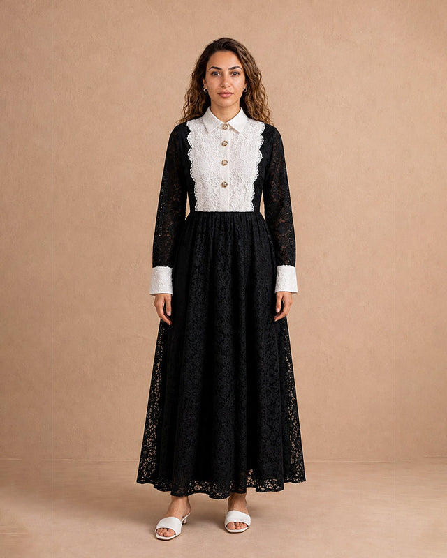Contrast Maxi Bodice Lace Dress - Dress - Mizyana