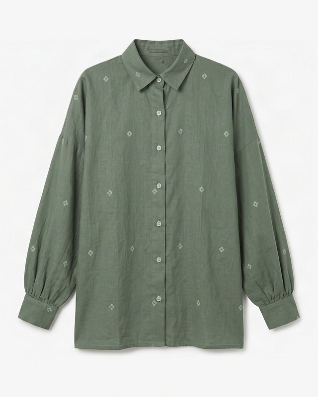 Core Green Jamdani Oversized Handwoven Cotton Shirt with Collar - Shirt - Mizyana