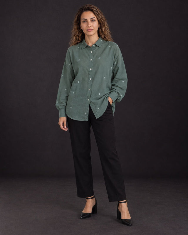 Core Green Jamdani Oversized Handwoven Cotton Shirt with Collar - Shirt - Mizyana