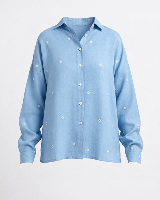 Core Light Indigo Cotton Shirt and Linen Pants Two-Piece Set - Two-Piece Set - Mizyana