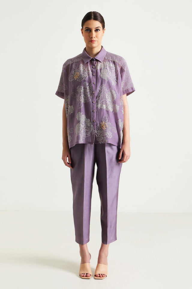 Cotton Chanderi Printed Shirt with Embroidery and Straight Pant in Silk Chanderi - Tunic - Mizyana